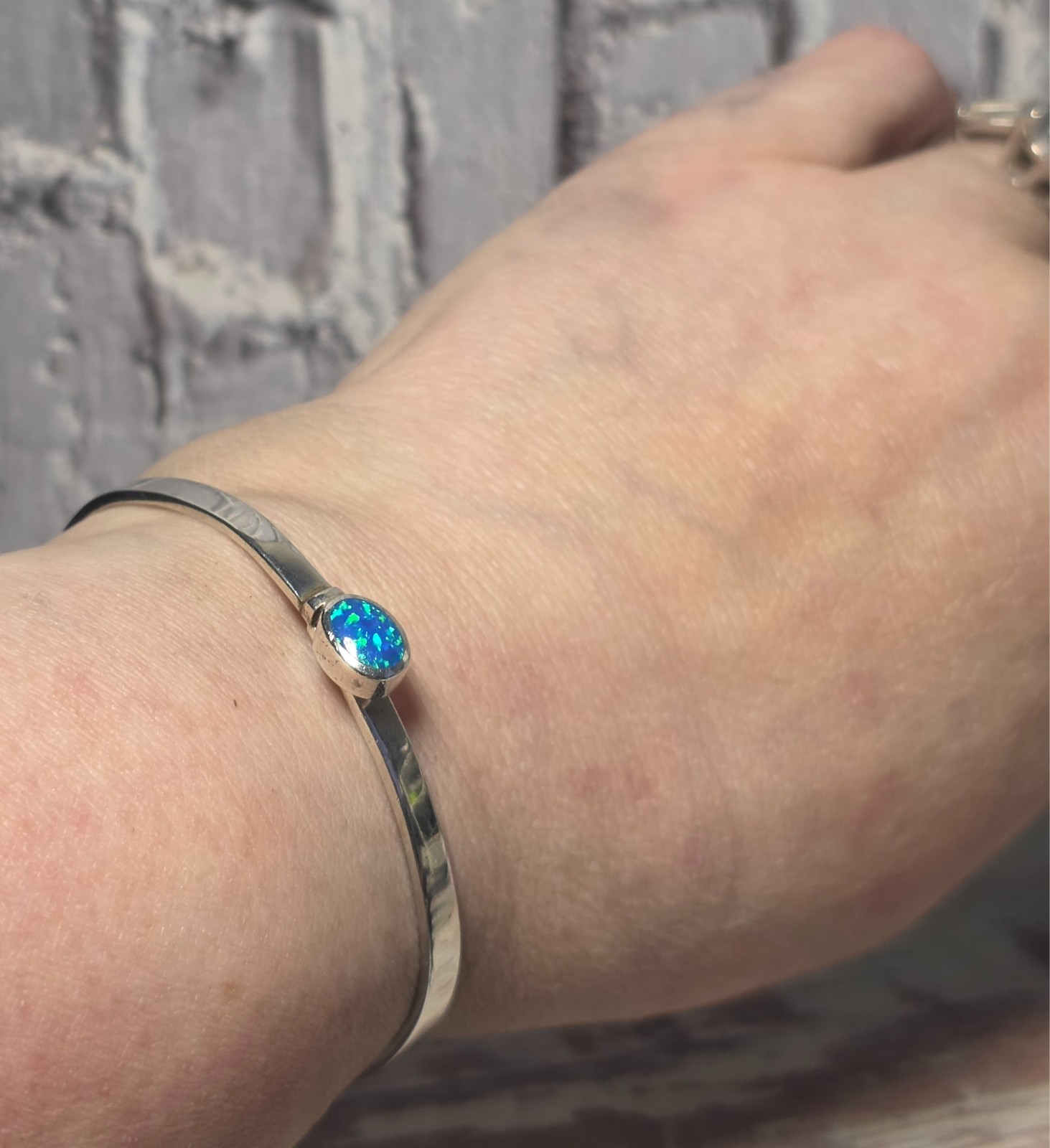 Mexican Blue Opal Inlay .925 Bangle Bracelet 7.5