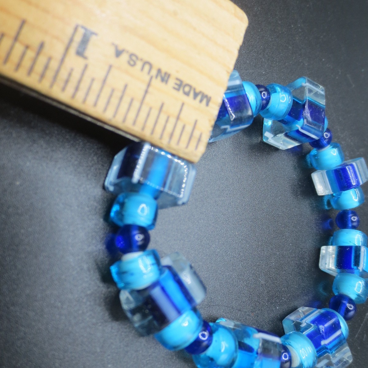 Vtg Striped Square & Small Round Blue Glass Beads Stretch Bracelet Boho