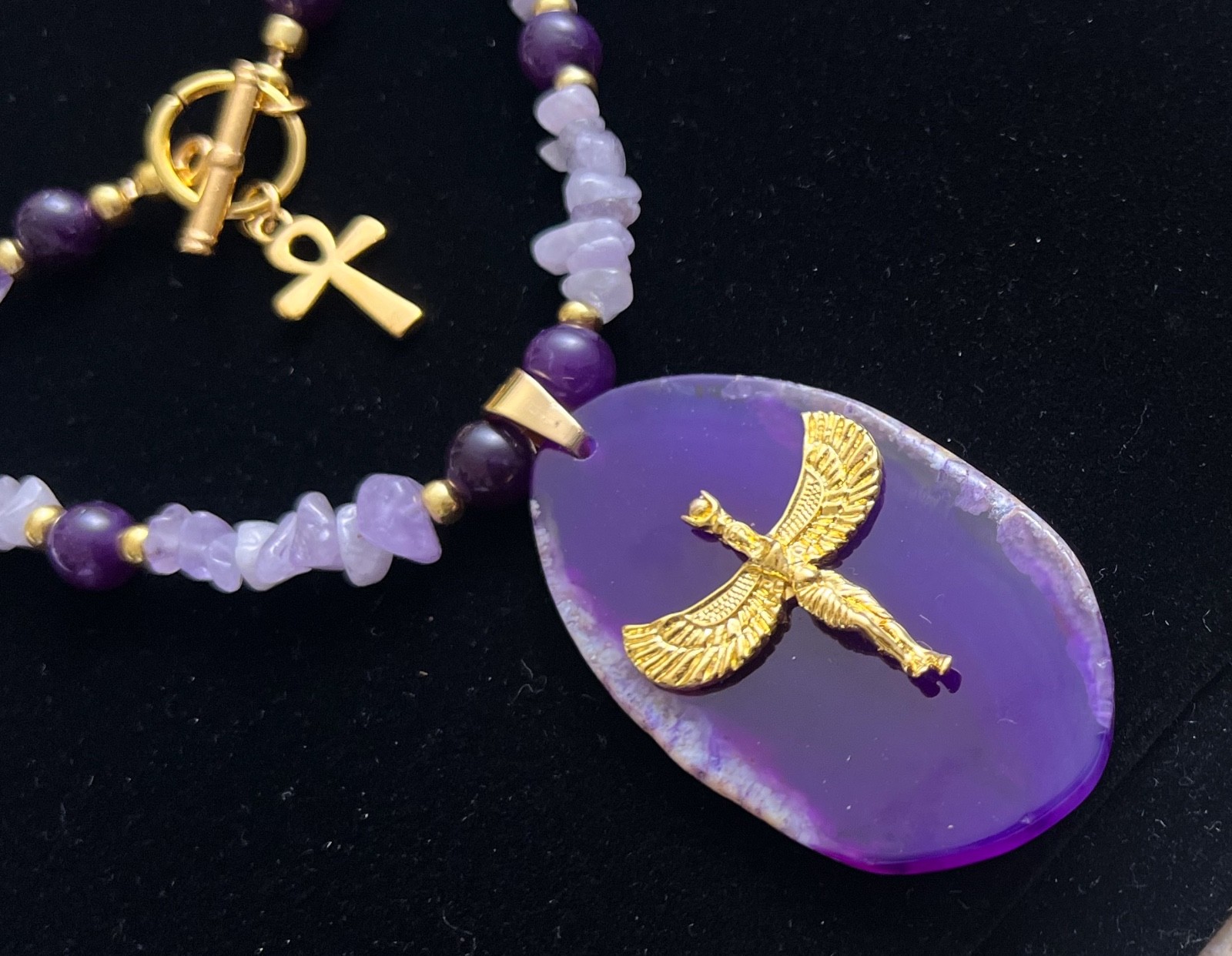 Artisan Necklace Egyptian Revival Goddess Pendant Amethyst Gemstone Beads