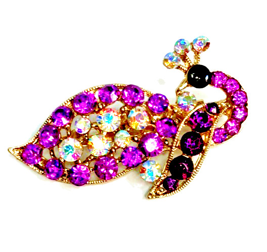 Vintage Peacock Bird Fuchsia Red Burgundy Rhinestones C-Catch Clasp Brooch USA