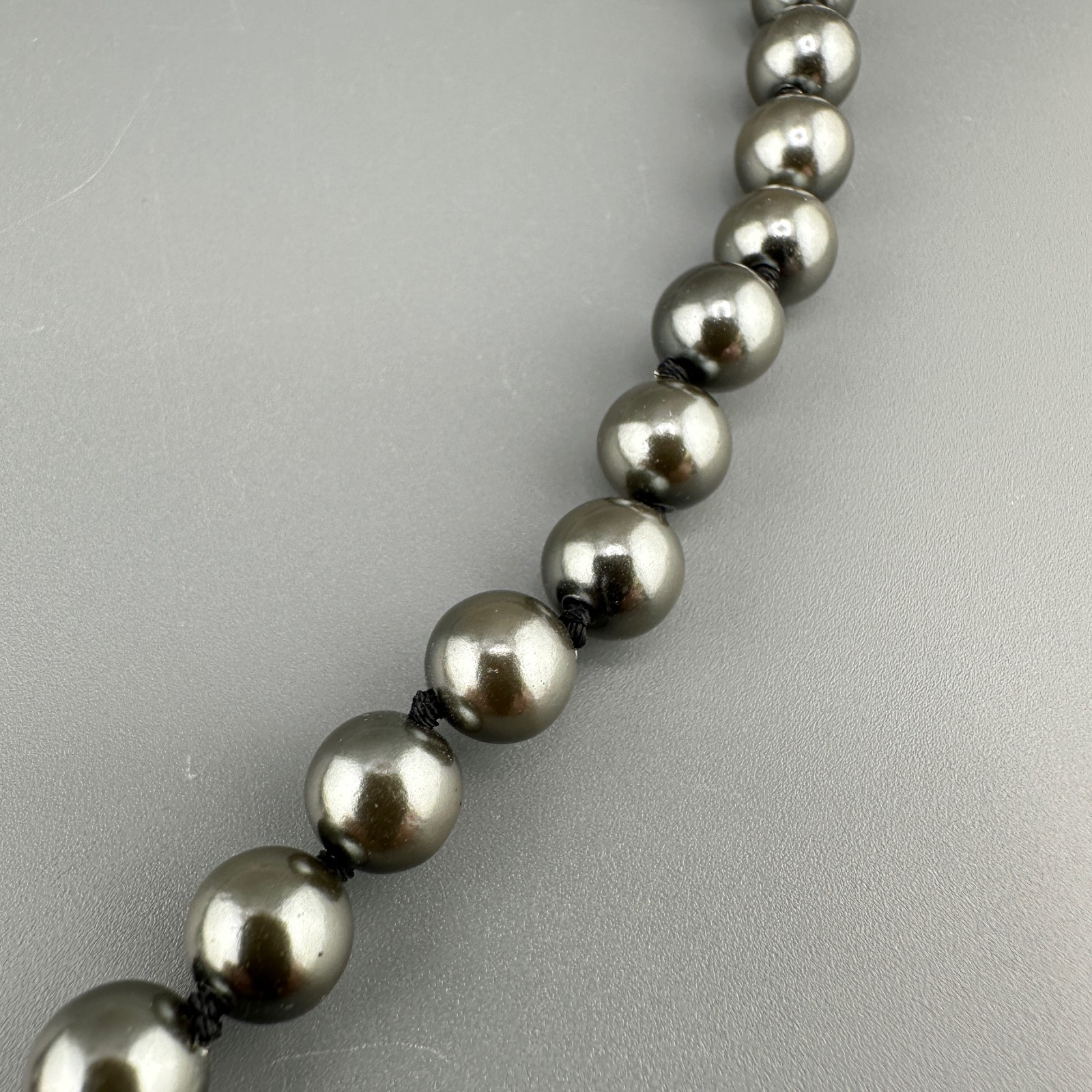 Vintage Glass Pearl Necklace Hand Knotted Charcoal Gray Gold Tone Filigree Clasp