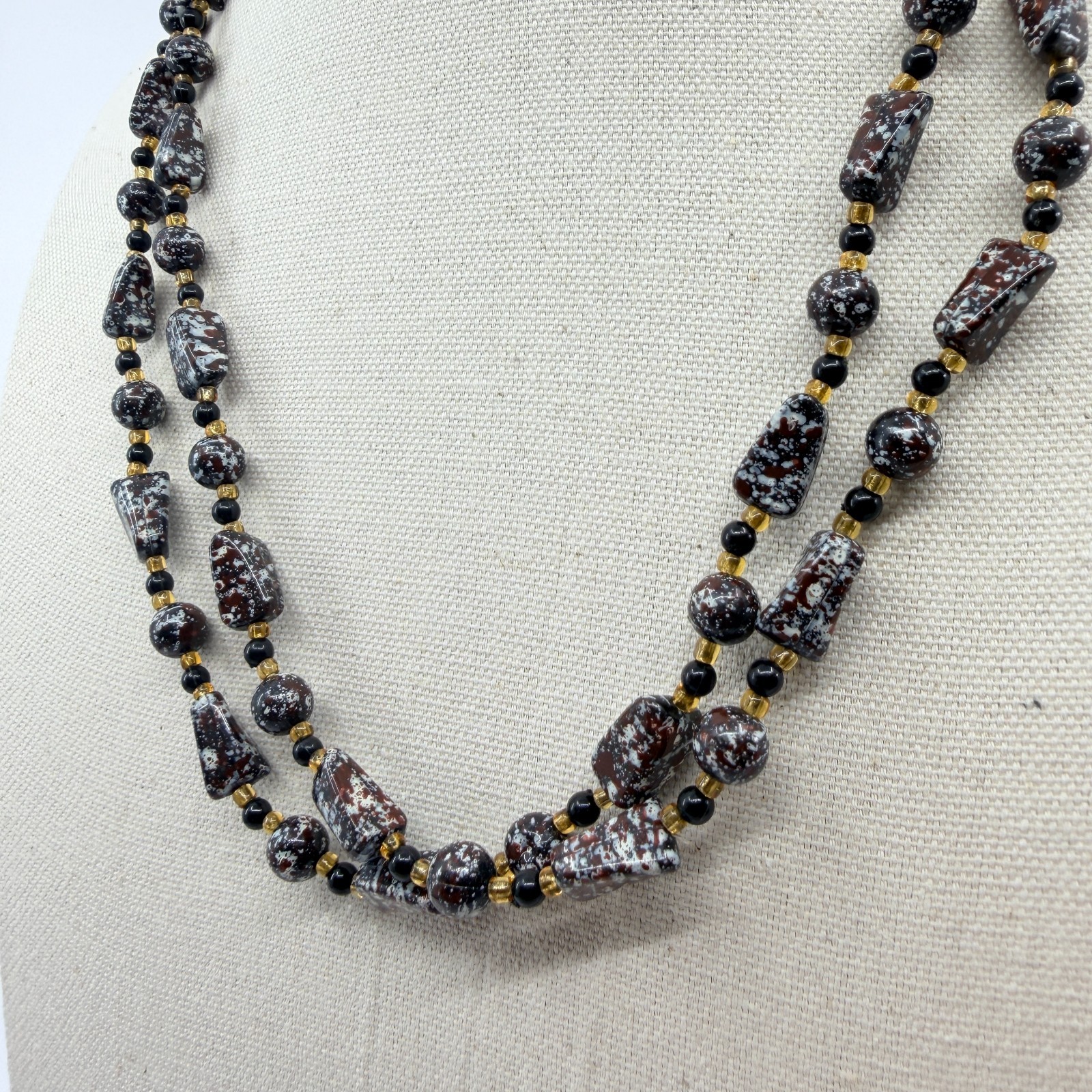 Vintage Brown White Mottled Bead Multi Strand Necklace Chunky Statement Boho Art