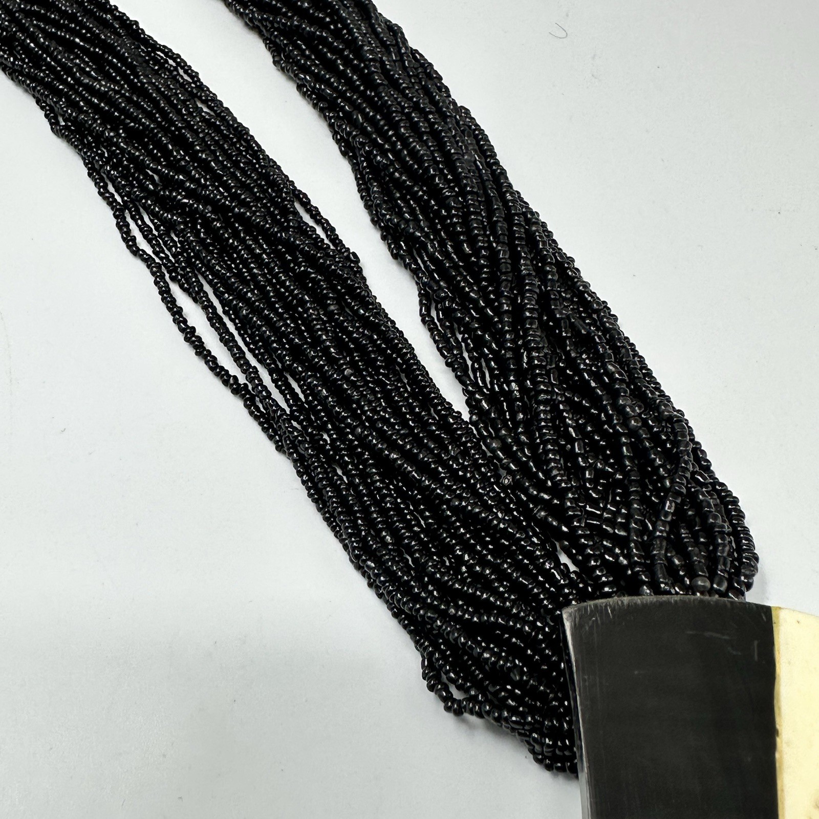Vintage Black Multi Strand Beaded Statement Necklace Resin Pendant Tribal Collar