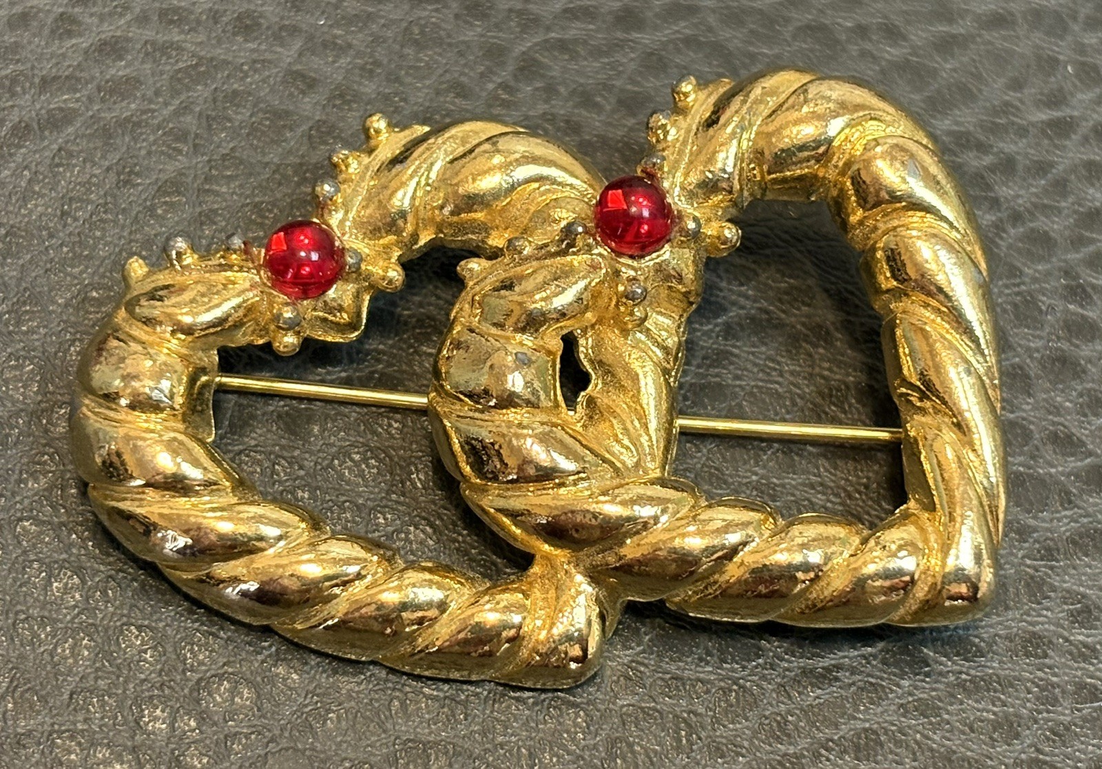 Vintage 80’s Double Heart Pin Brooch Red Gripoix Style Cabochon Gold Tone Runway