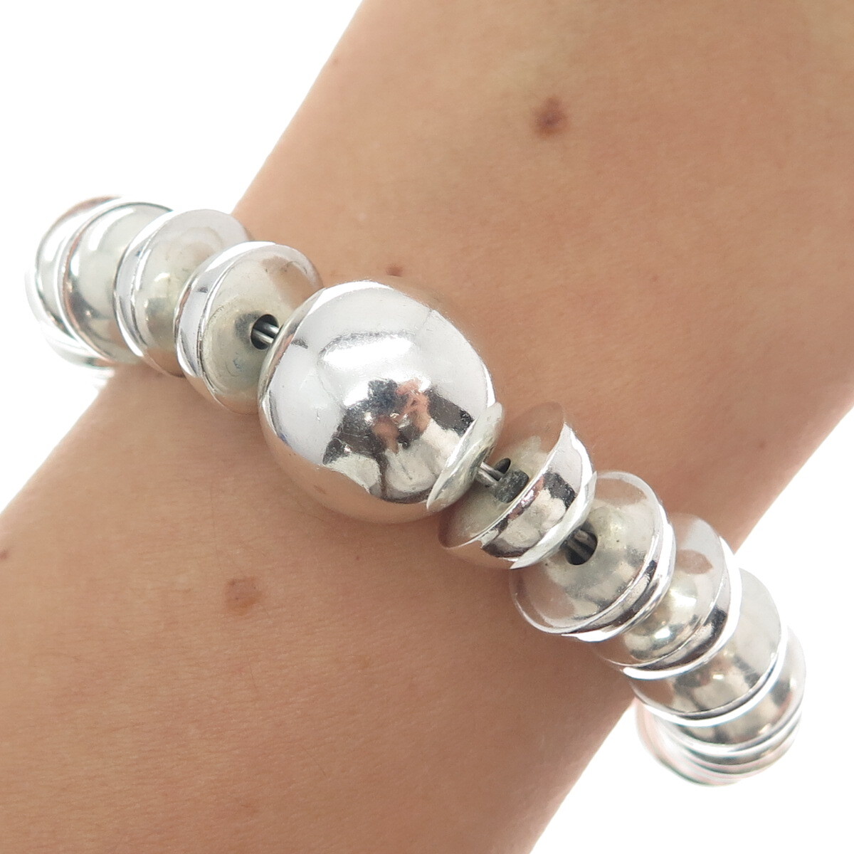 DOMINIQUE DINOUART 925 Sterling Silver Vintage Mexico Beaded Link Bracelet 6.75″