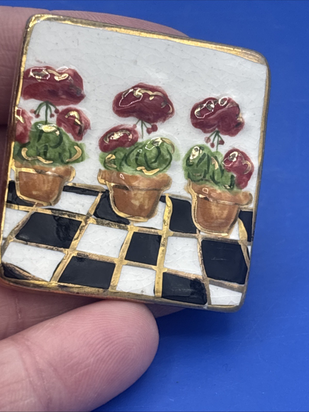 Nature Notes Ceramic Tile Brooch – Hand Painted Flowers Checkerboard Pin 1.5”