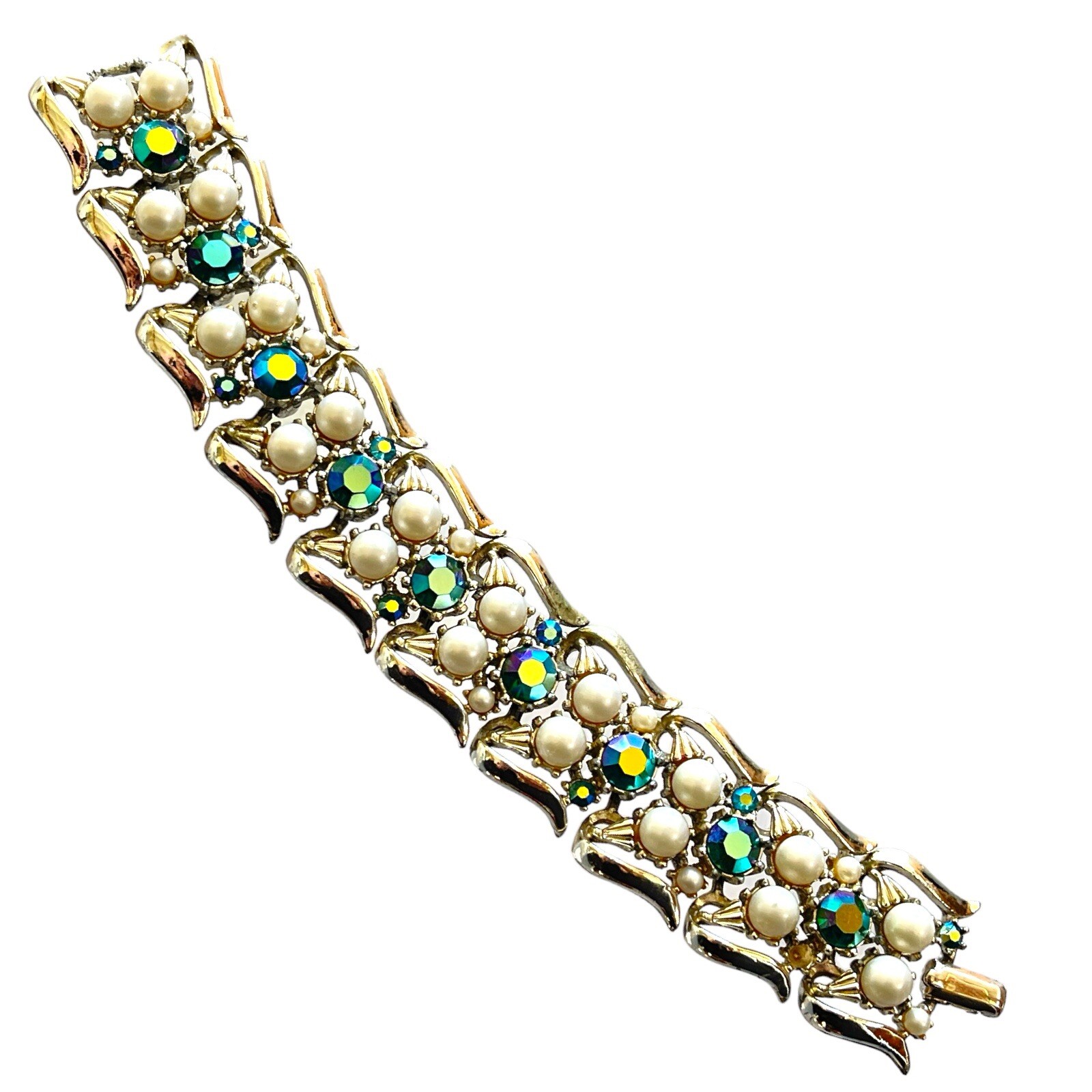 Vintage Jewelcraft Rhinestones & Faux Pearls Bracelet Dark Green AB