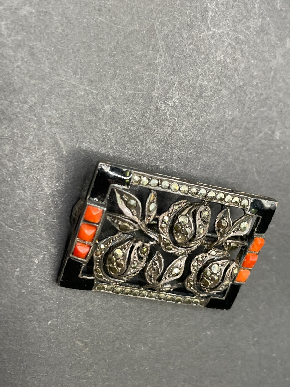 Vintage Floral Sterling Onyx & Coral Brooch/Pin