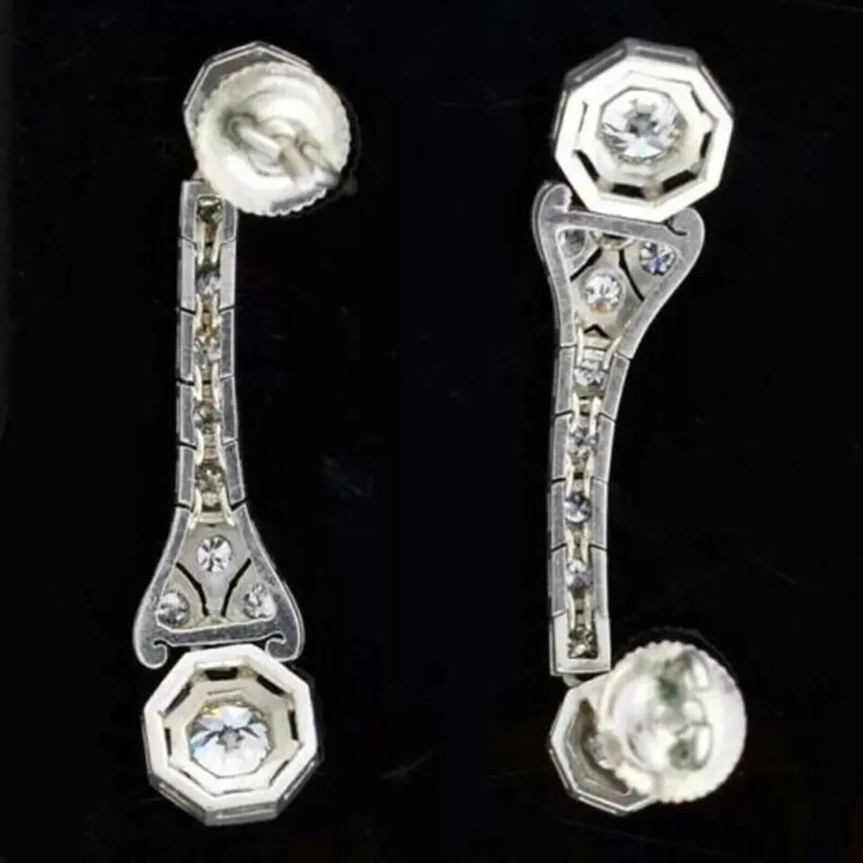 14K White Gold FN Art Deco Style Lab Created Diamond & Sapphire Drop Earrings