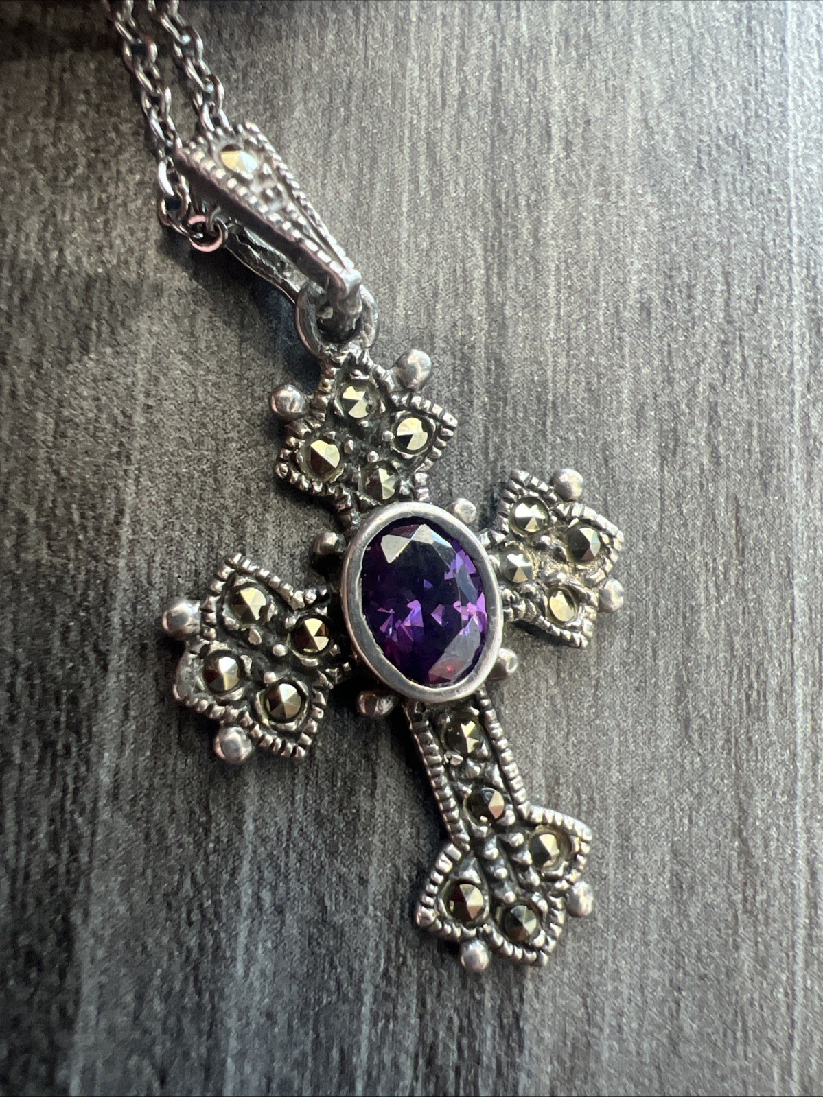 Vintage Signed CW Sterling Silver 925 Amethyst Marcasite Cross Pendant Necklace