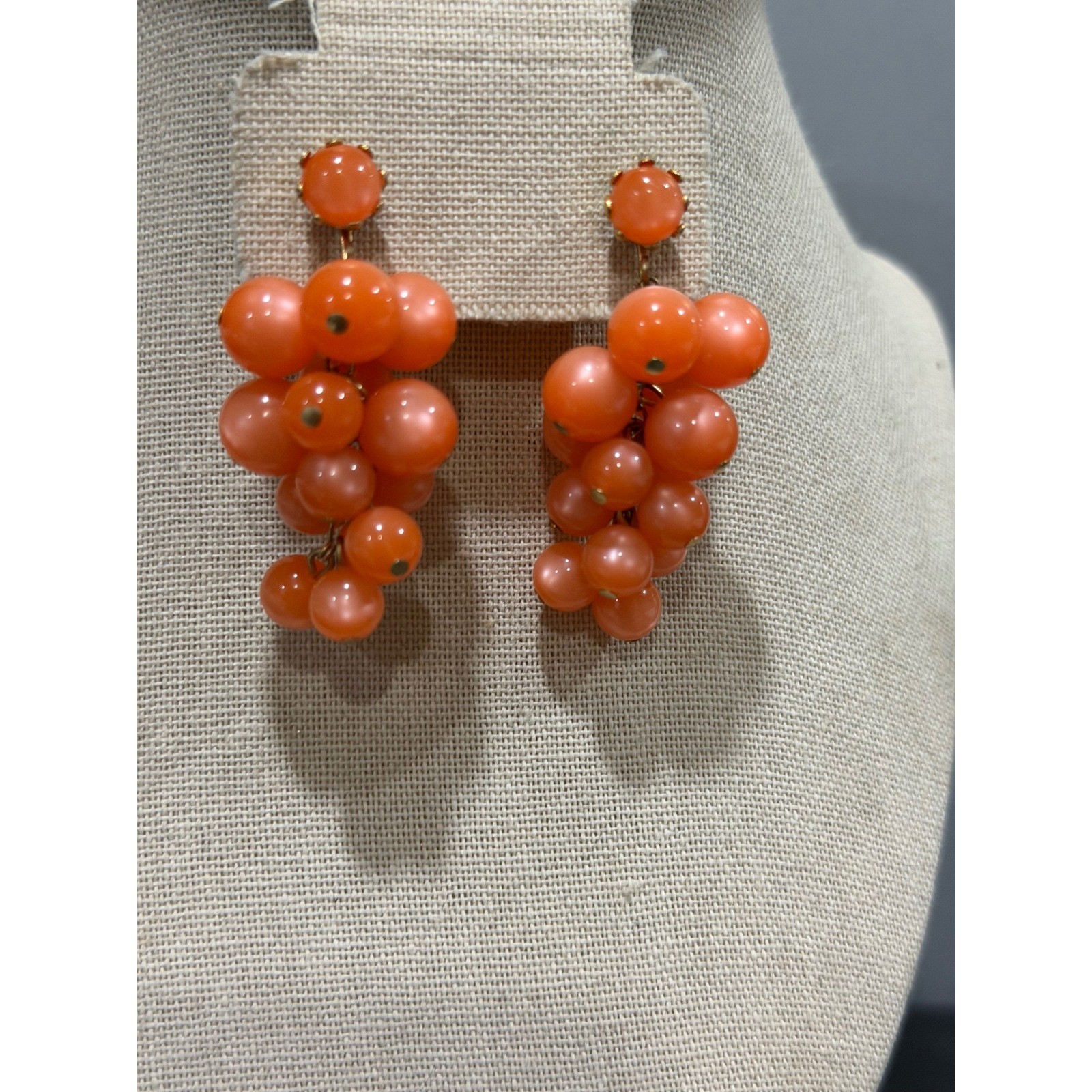 Vintage Grape Cluster Orange Moon Glow Earrings Mid-Century Clip-On