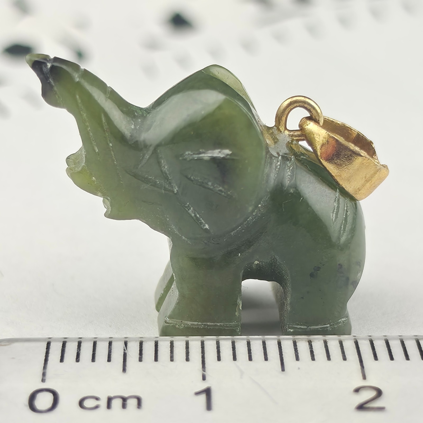 Vintage 28mm Dark Green Nephrite Jade Lucky Elephant Trunk Up Pendant Gold Fill