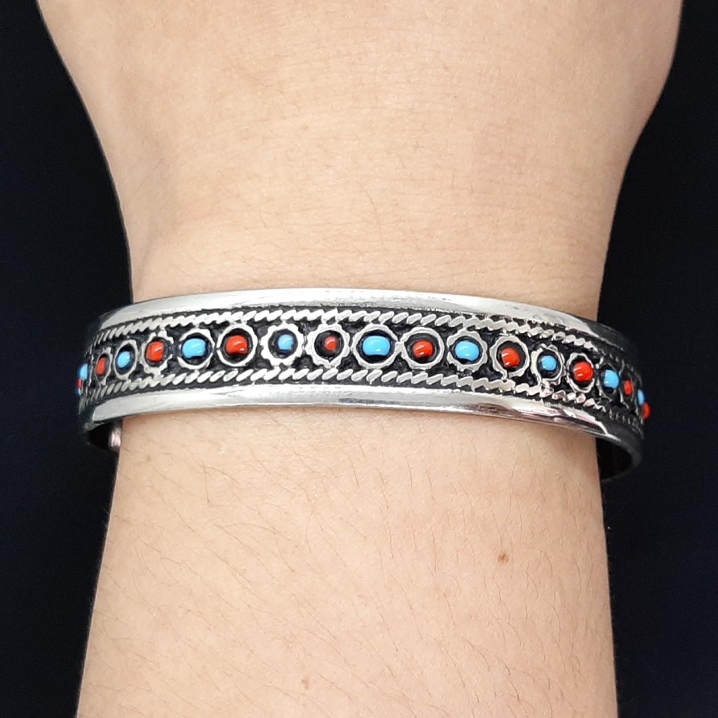 Antique 2.11ctw Turquoise & Coral Silver Bangle Bracelet 21.4g