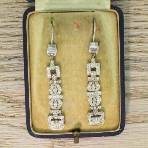 5.3Ct Art Deco Style Lab Diamond Birthday Drop Dangle 14k White Gold Earring Set