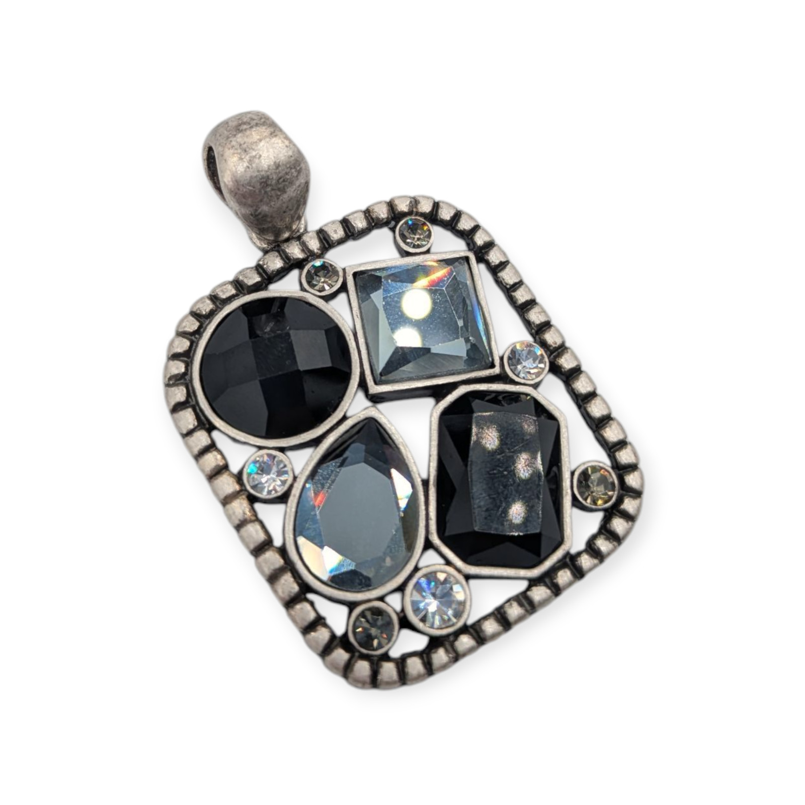 Lia Sophia Grey Gray & Black Rhinestone Silver Tone Square Pendant 2″ x 1.25″
