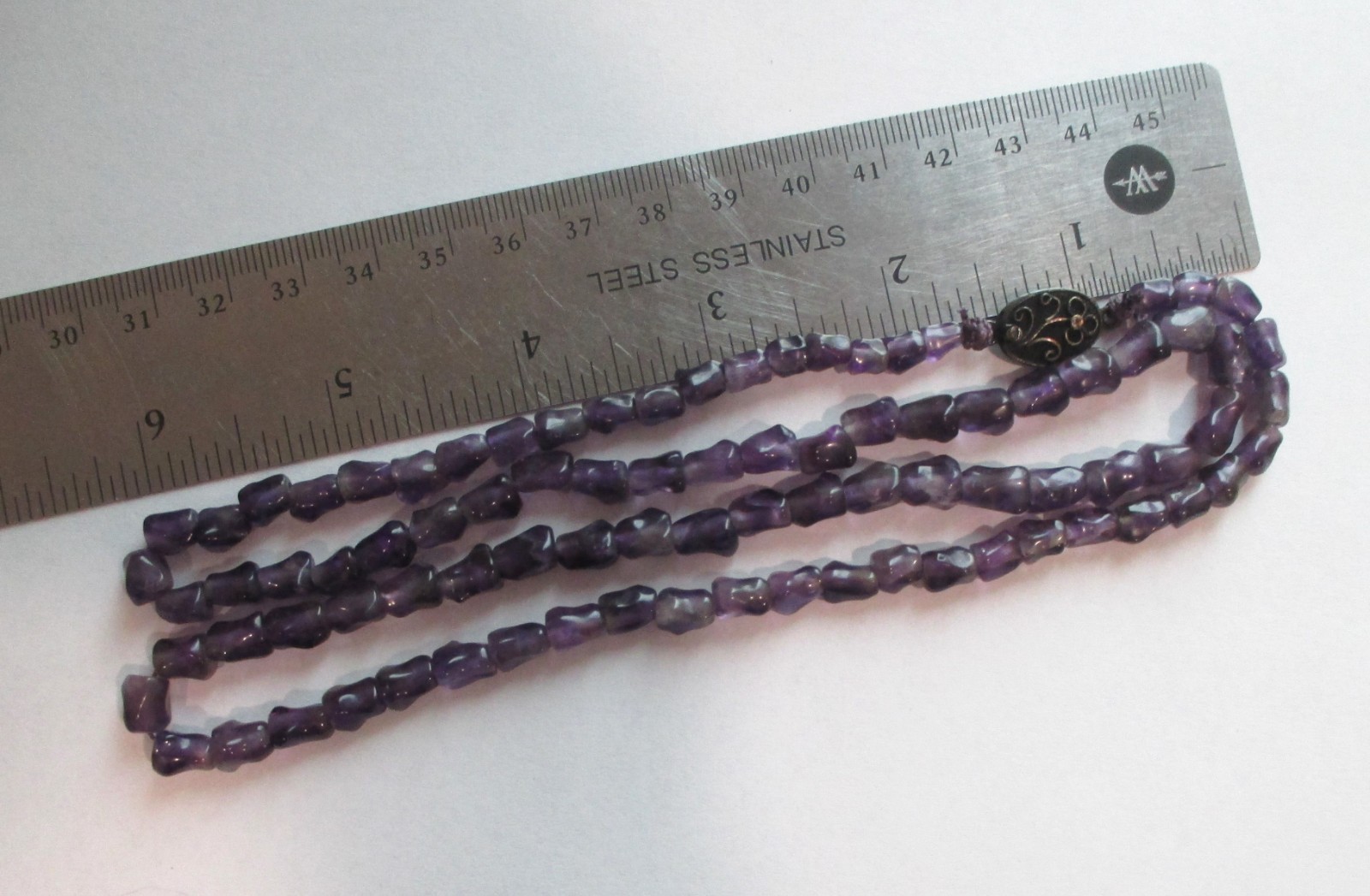 26in VINTAGE CHINESE EXPORT AMETHYST BEAD NECKLACE STERLING SILVER FLOWER CLASP