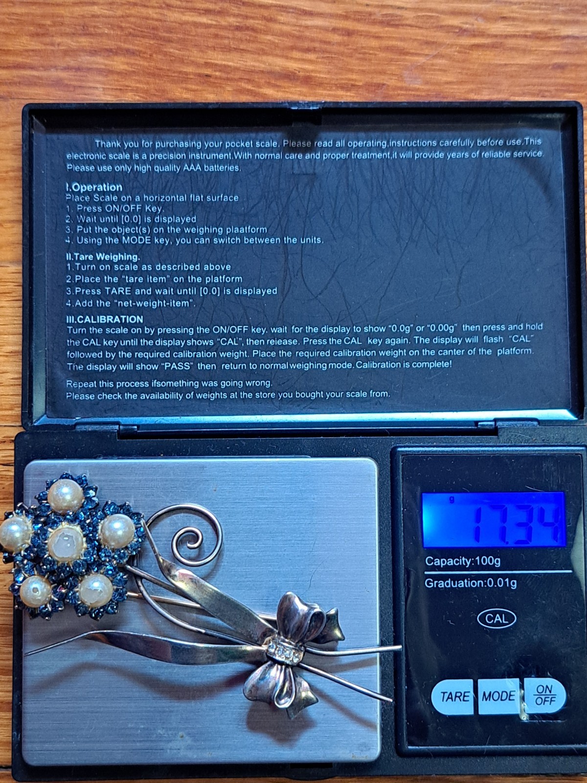 1950s 925 Sterling Silver Vermeil Blue Rhinestone Faux Pearl Brooch 3.5” 17gr