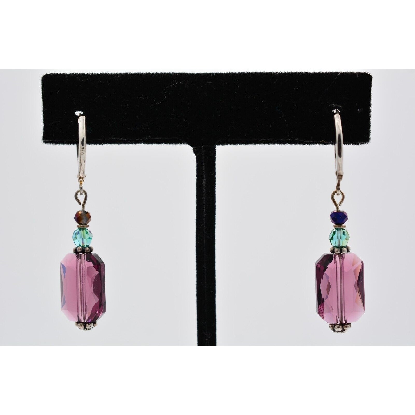 Vintage Crystal Dangle Earrings 925 Sterling Silver Purple Blue Beaded 1980s 9I