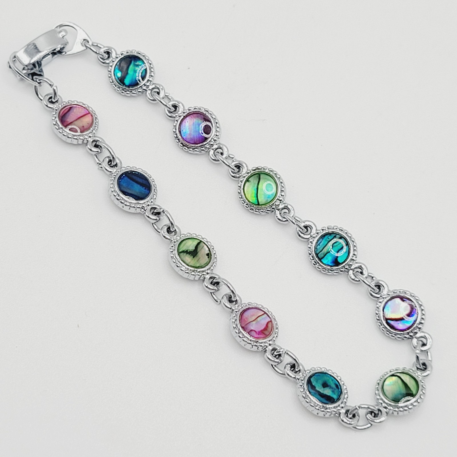 Signed SJ Colorful Paua Abalone Shell Silver Tone Link Vintage Bracelet 7.25 in