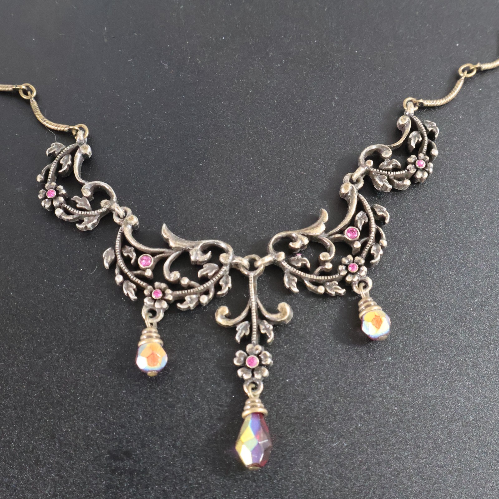 Vintage AVON Victorian Revival Floral Filigree Red AB Crystal Dangle Necklace