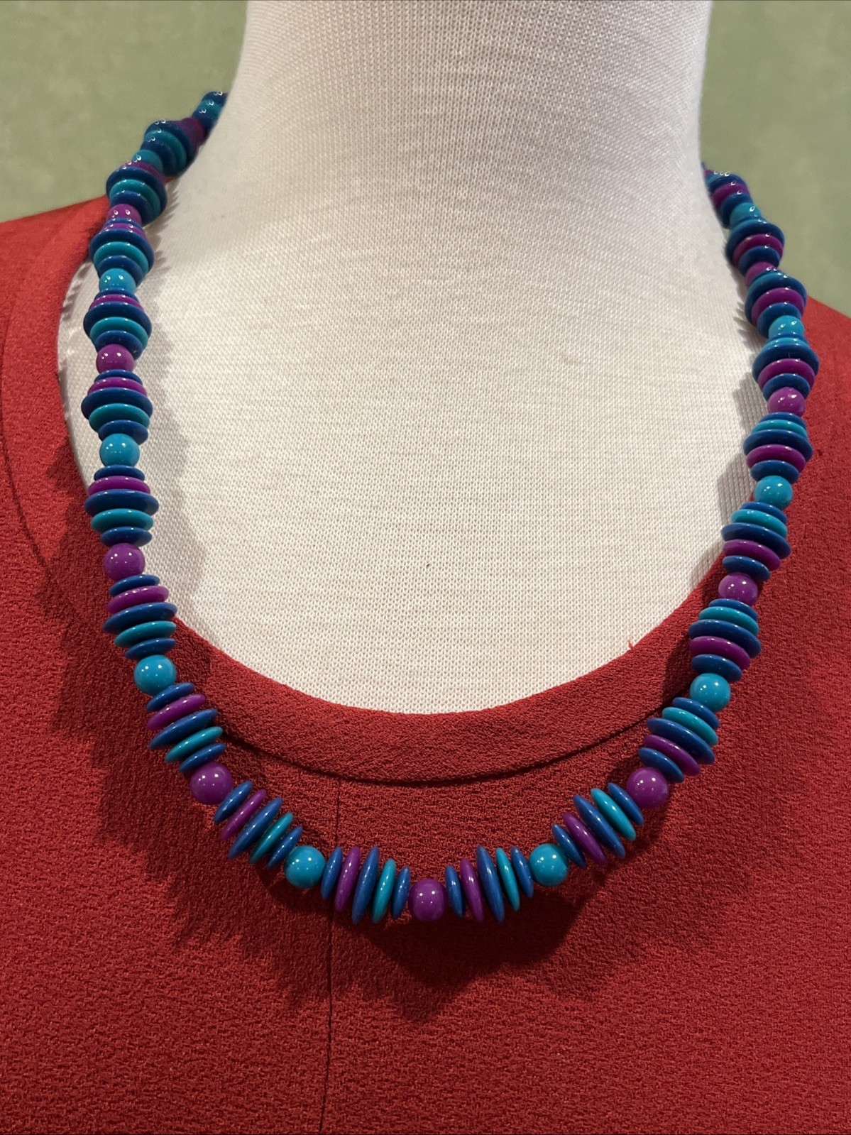 Vintage Multi-Color Disc Bead 24” Necklace Teal Purple Blue Bohemian Retro Style