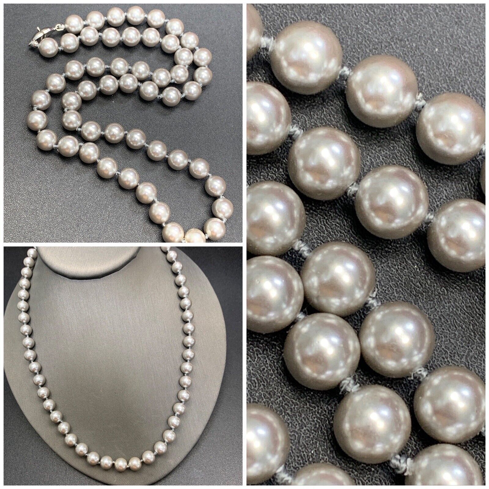Vintage Signed Monet Grey Silver Hand Knotted Glass Pearl Necklace Long 20”
