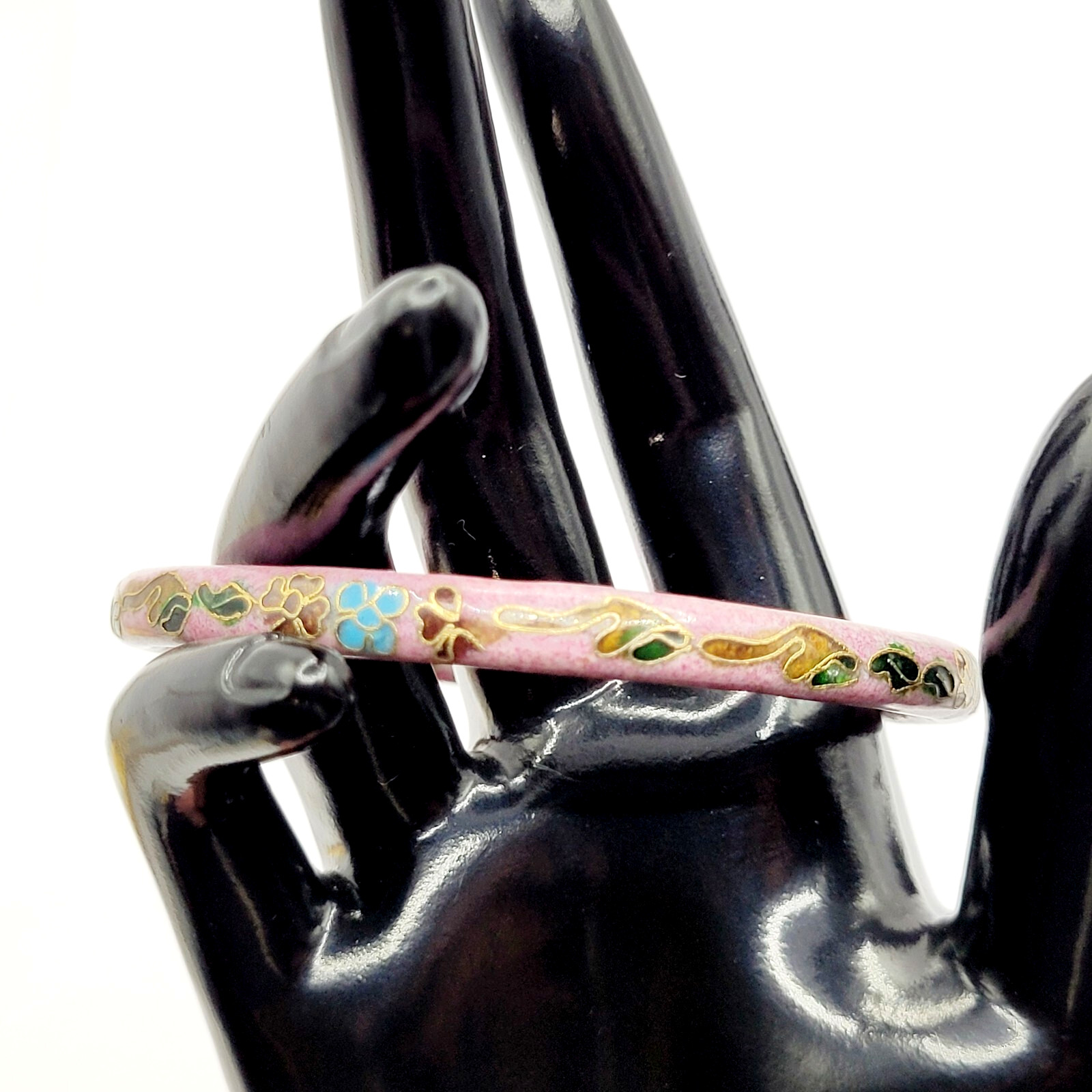 Cloisonné Asian Inspired Rose Mauve Color Floral Hand Painted Bangle Bracelet