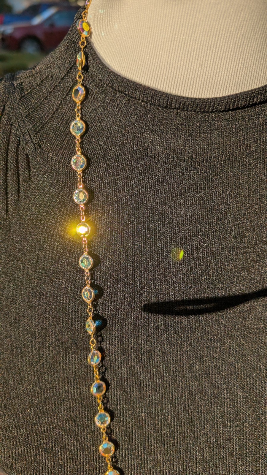 Vintage SWAROVSKI aurora borealis crystal open back bezel set necklace 36″
