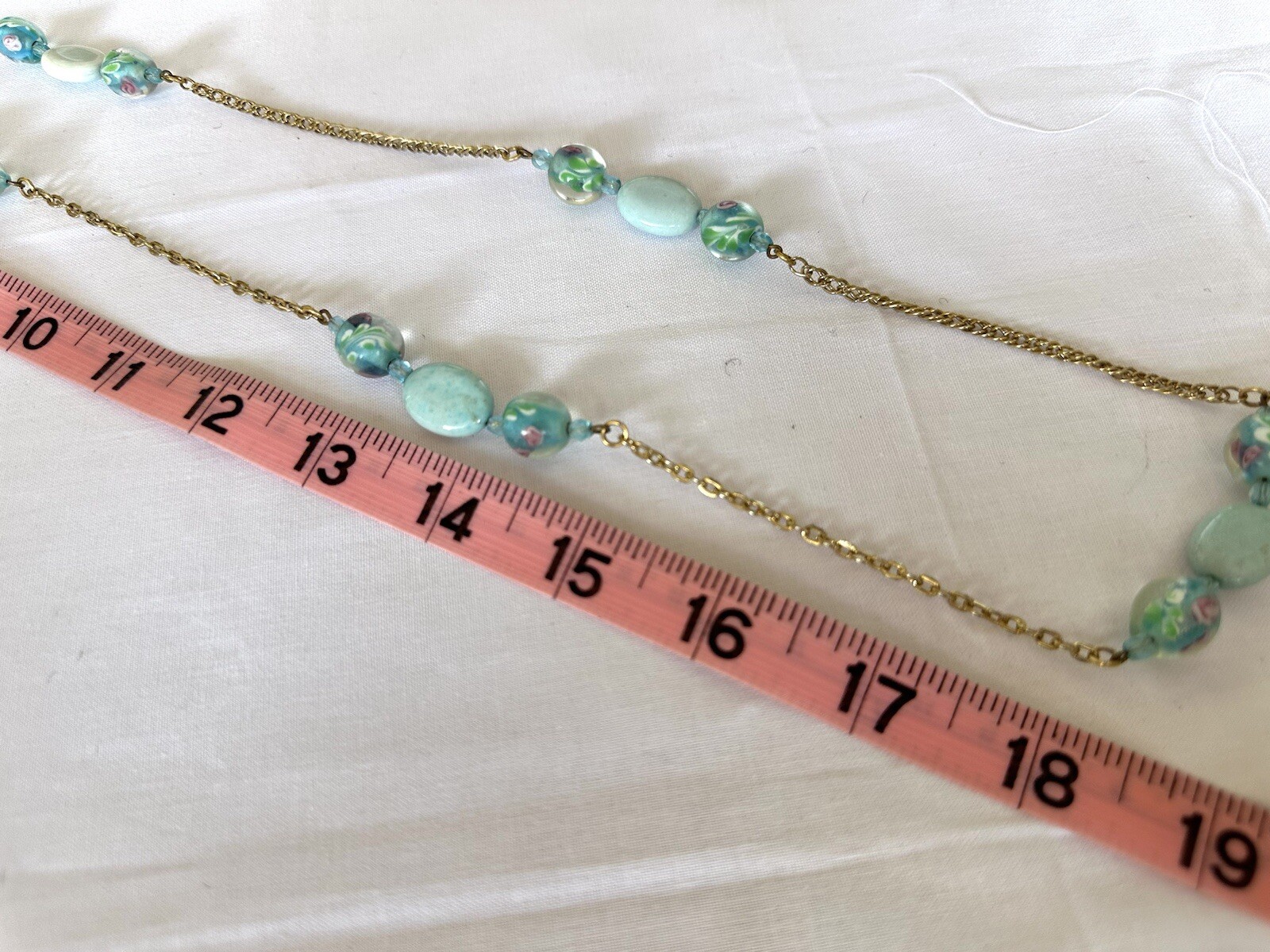 Vintage Gold Tone Aqua & Light Blue Glass Beaded Long Unique Chain Necklace 36″