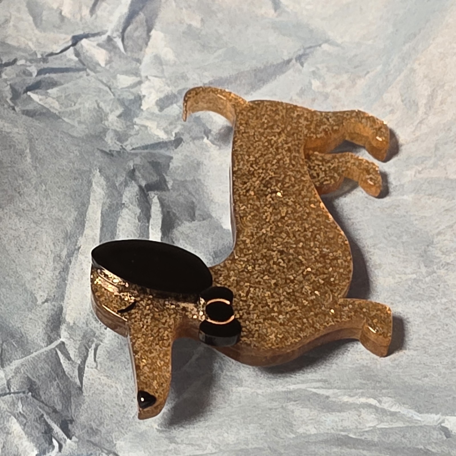 Spiffy the Sausage Dog Brooch Gold Sparkle Brooch Dachshund Pin