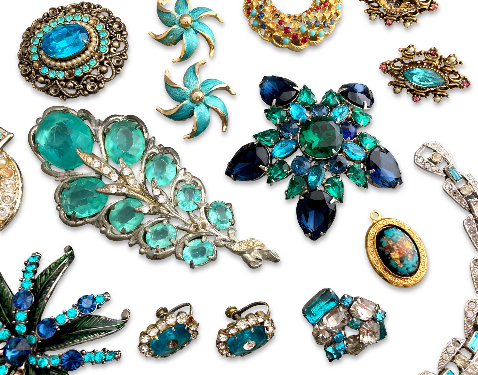 Vintage Blue Rhinestone Costume Jewelry Repair Lot, Brooch Earrings Bracelet Pin