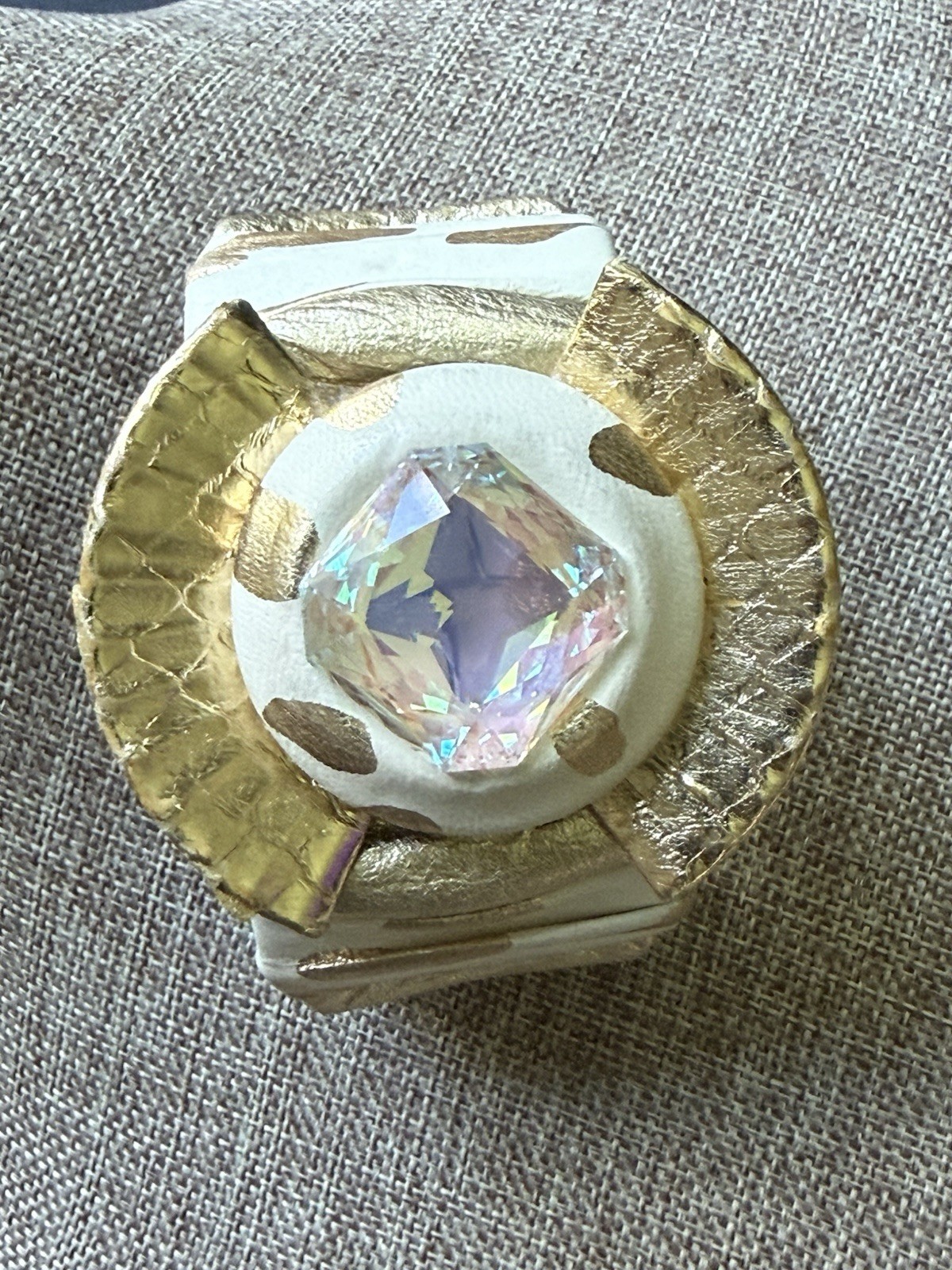 Vintage Chunky Leather Rhinestone Bangle Cuff Bracelet Cream Gold Tone 80s 90s