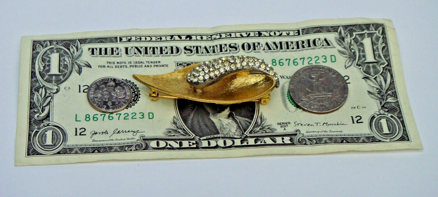 Leaf Pin-Brooch Brushed Yellow Gold-Tone with Crystal Rhinestones Signed B.S.K.