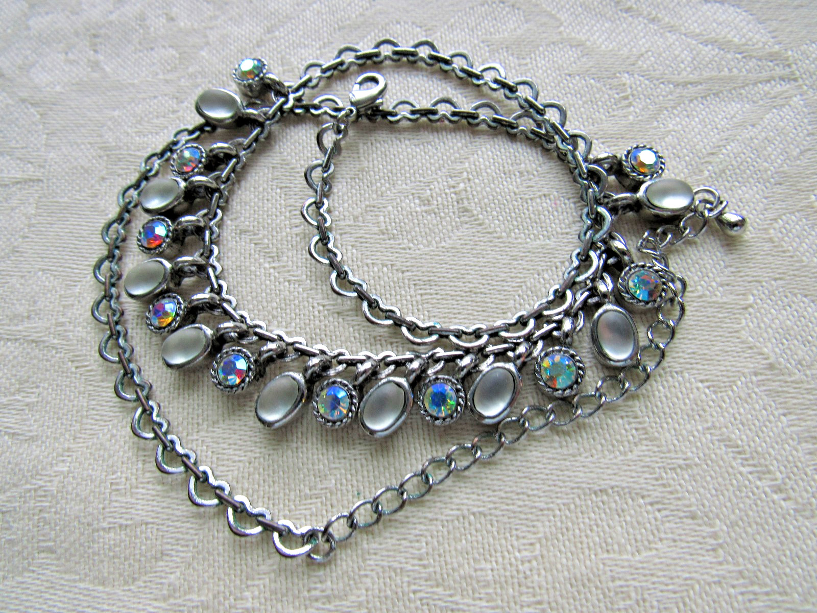 Vintage Necklace Unusual Heart Link Chain AB Rhinestones Glass Moonstone Dangles