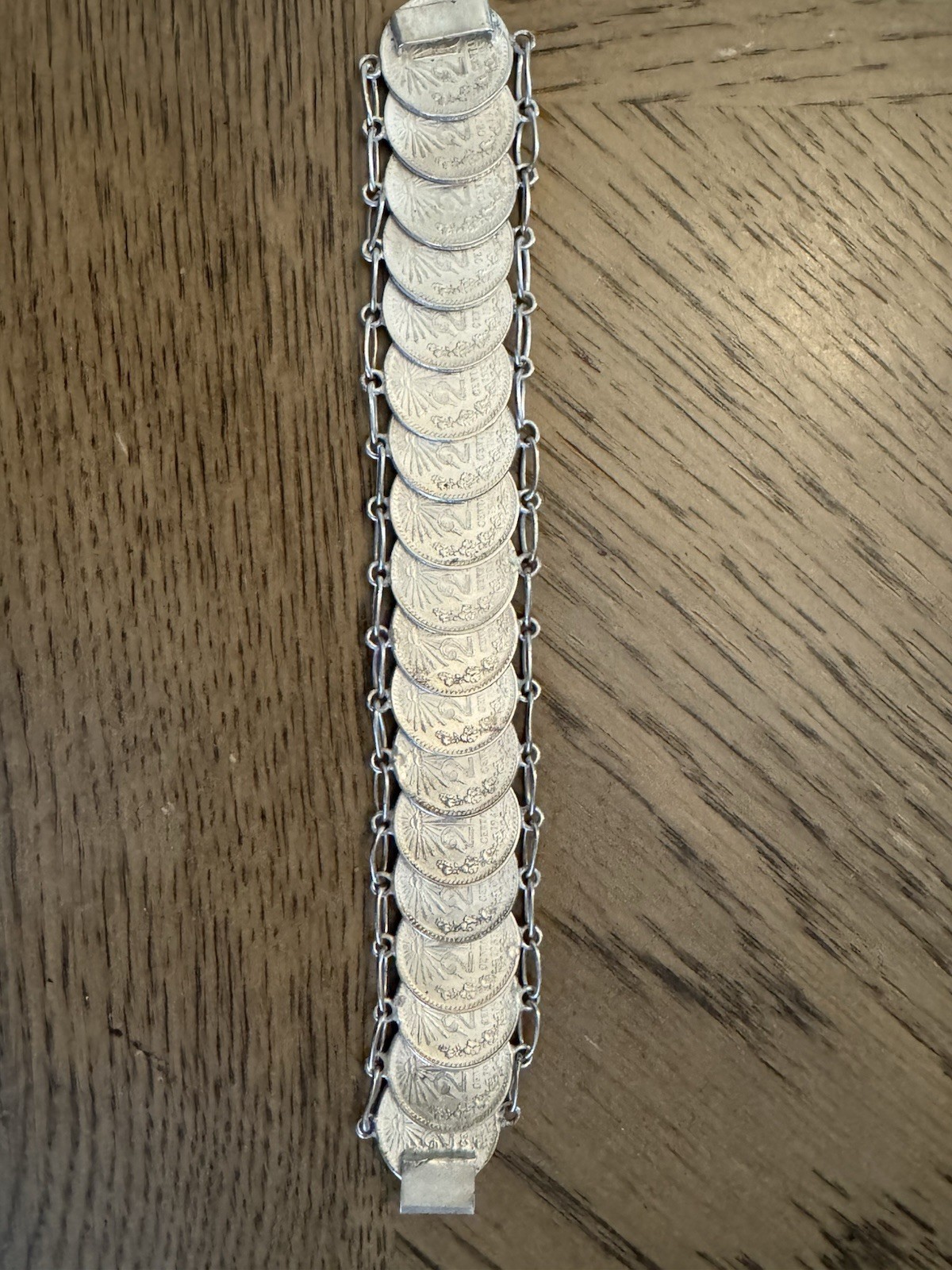 Vintage Mexican 20 Centavos Coin Bar Link Chain Bracelet ~ Silver ~ 7 in