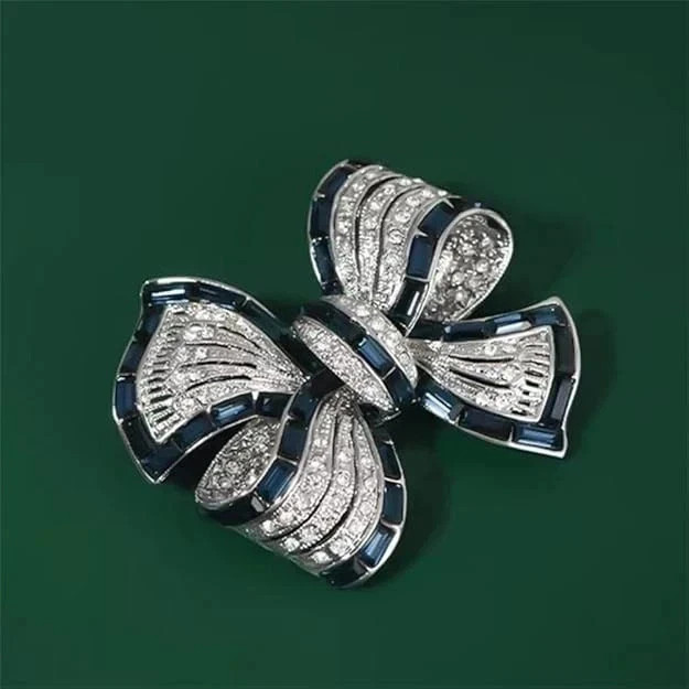 Rhinestone Bow Brooch Pin – Vintage Blue Crystal Lapel Accessory for Women