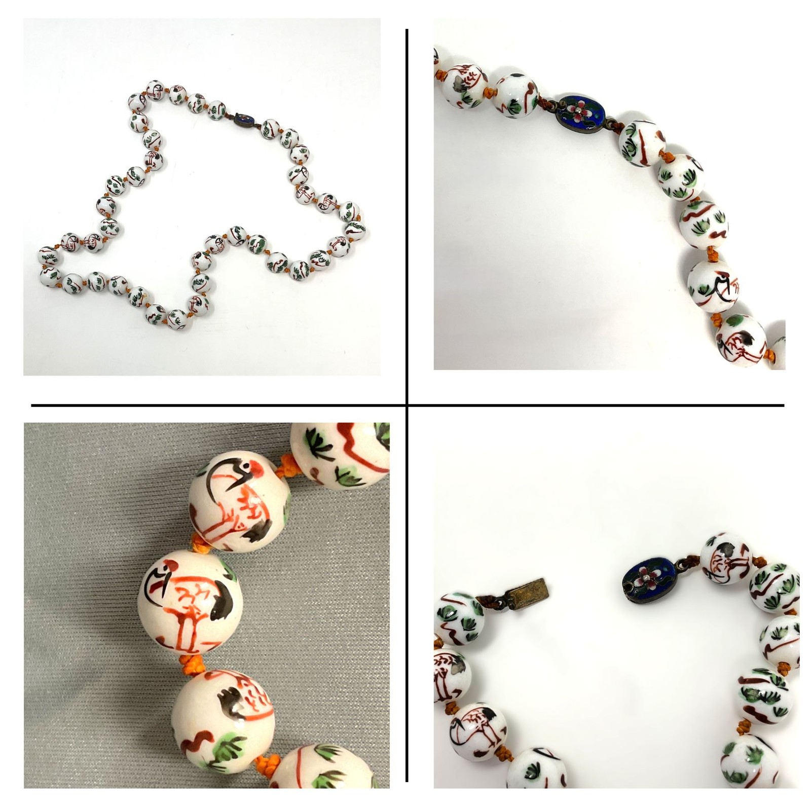 Vintage 1920s Knotted Necklace w Hand-Painted Crane Porcelain Beads Inlaid Clasp