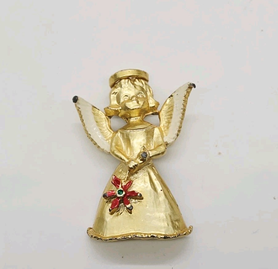 Angel Brooch Gold Tone Guardian Flower Pin with wings Victorian Vintage 1.75 in