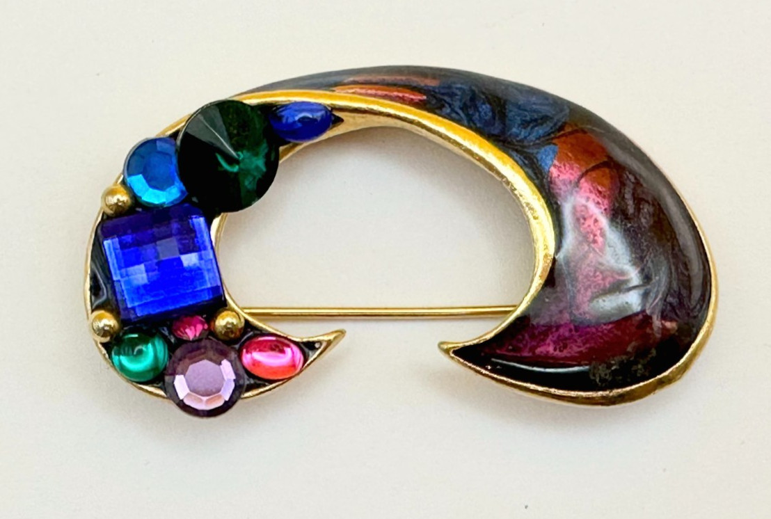 Gold Tone Multicolor Enamel & Rhinestones Brooch Vintage