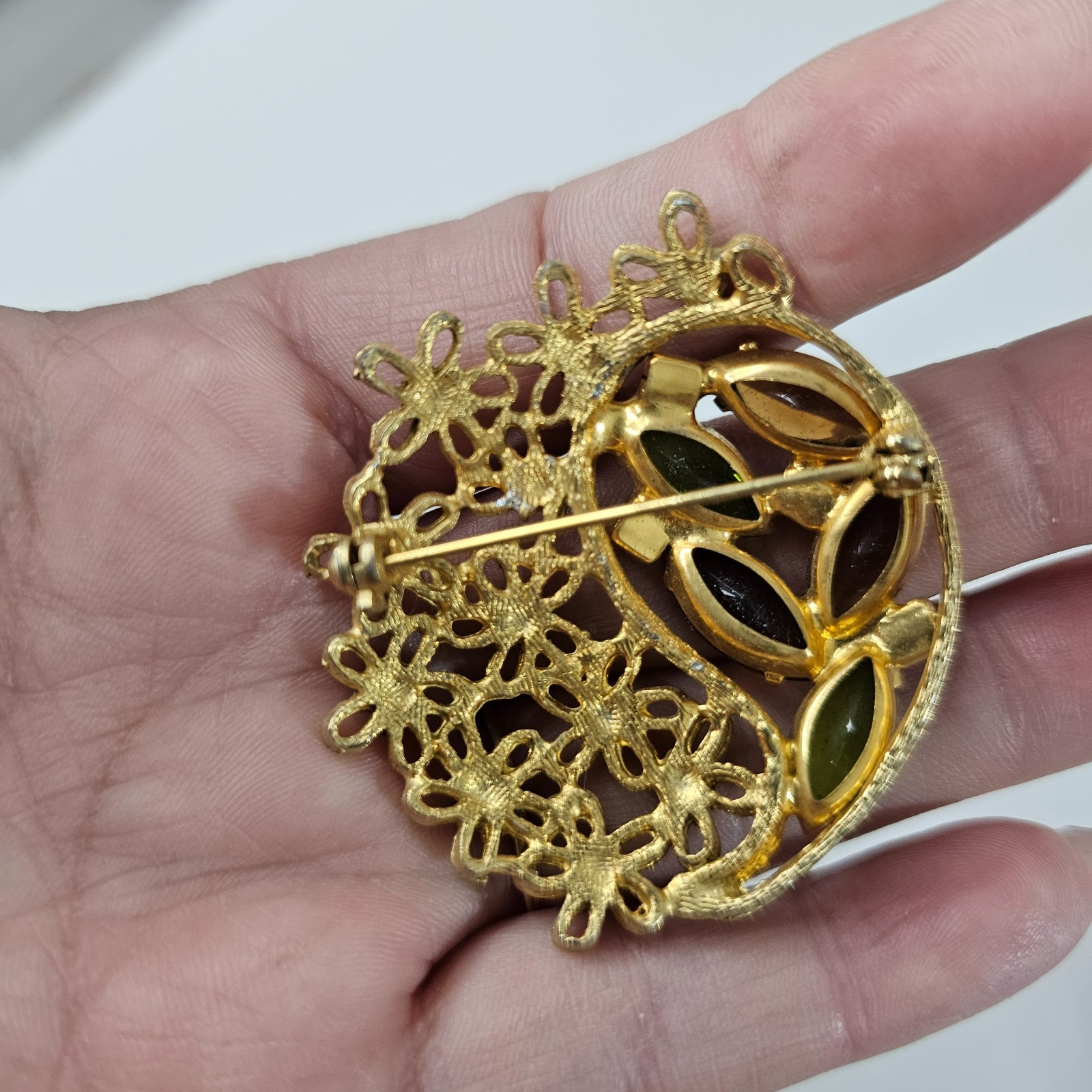 Gold Tone Floral Brooch Fall Colors Open Work Navette Rhinestone Unmarked Pin