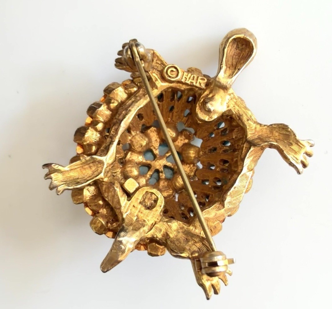 HAR Turtle Brooch Pin Rare Mid Century Turquoise Tiered Rhinestone Statement!!