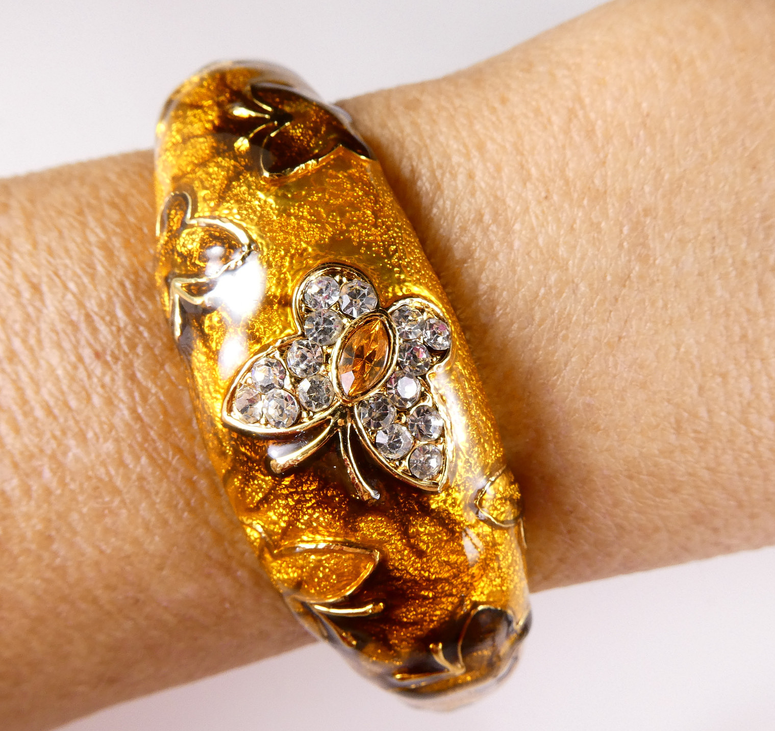 Bracelet & Earrings SET Orange Enamel Crystal Butterfly Fall Colors Signed FL