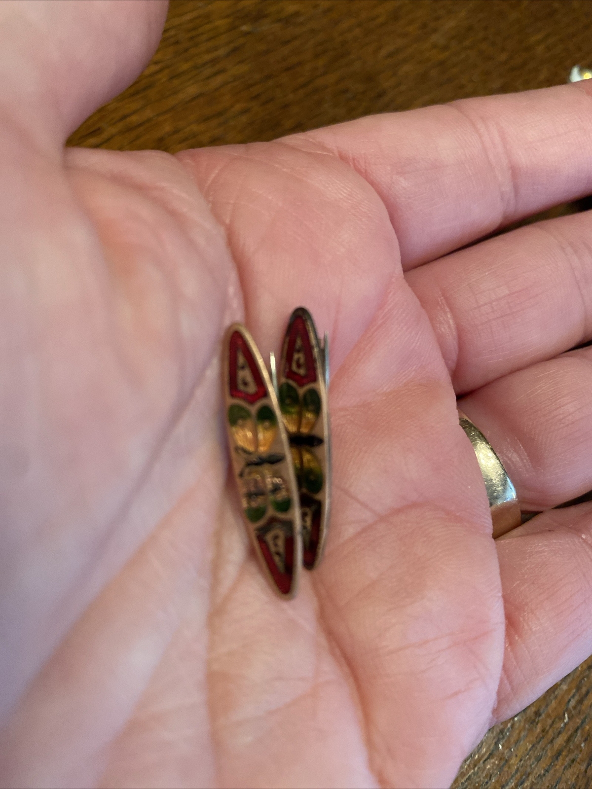2- 1 inch long Victorian Cloisonné Butterfly Bar Pin Enamel C Clasp Brooch Vtg