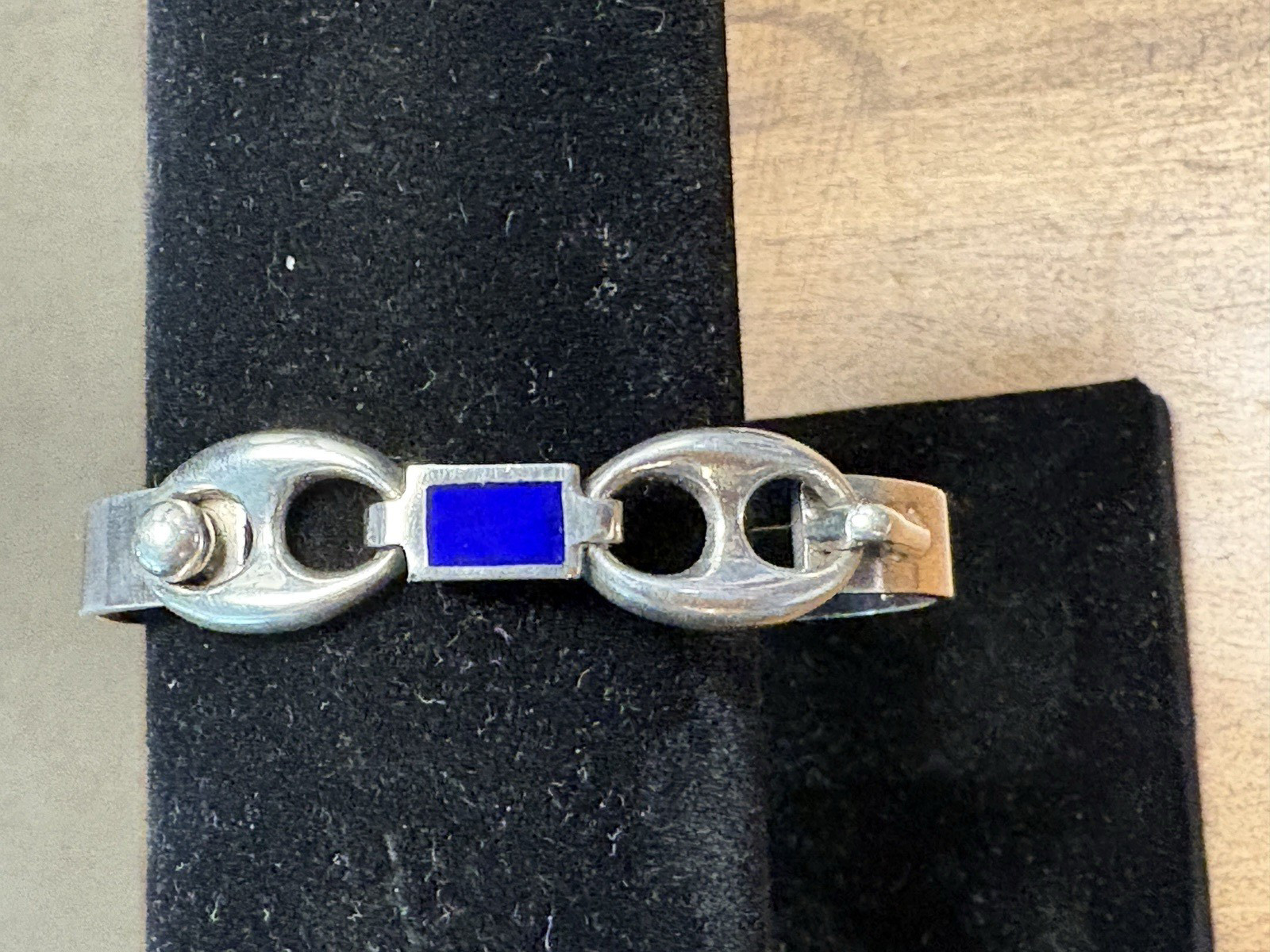 Vintage Sterling Silver and Lapis Inlay Bangle Bracelet 6 1/4 in 16 cm diameter