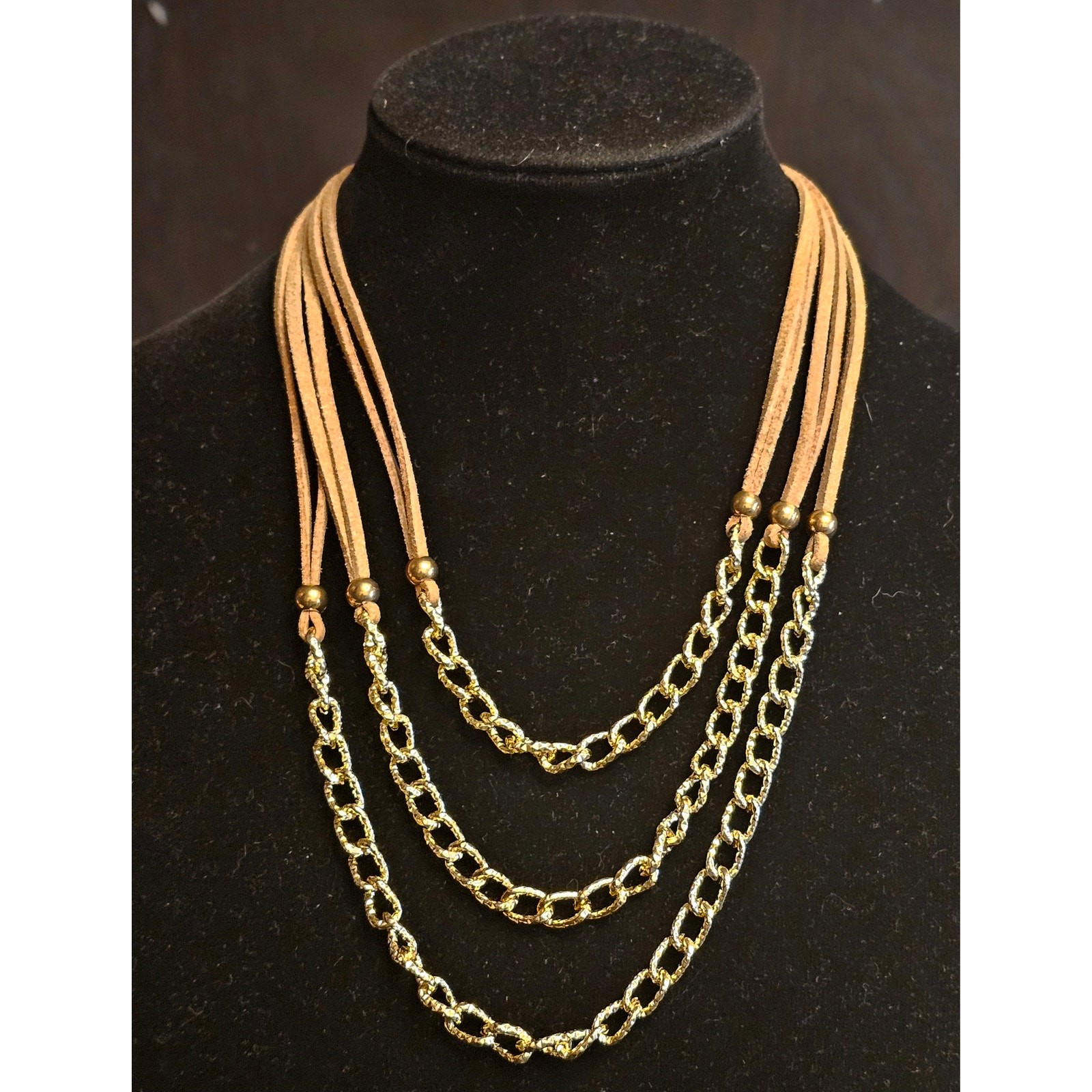 Suede Brown Taupe Leather Strand Necklace with Gold Tone Chain Accents Satement