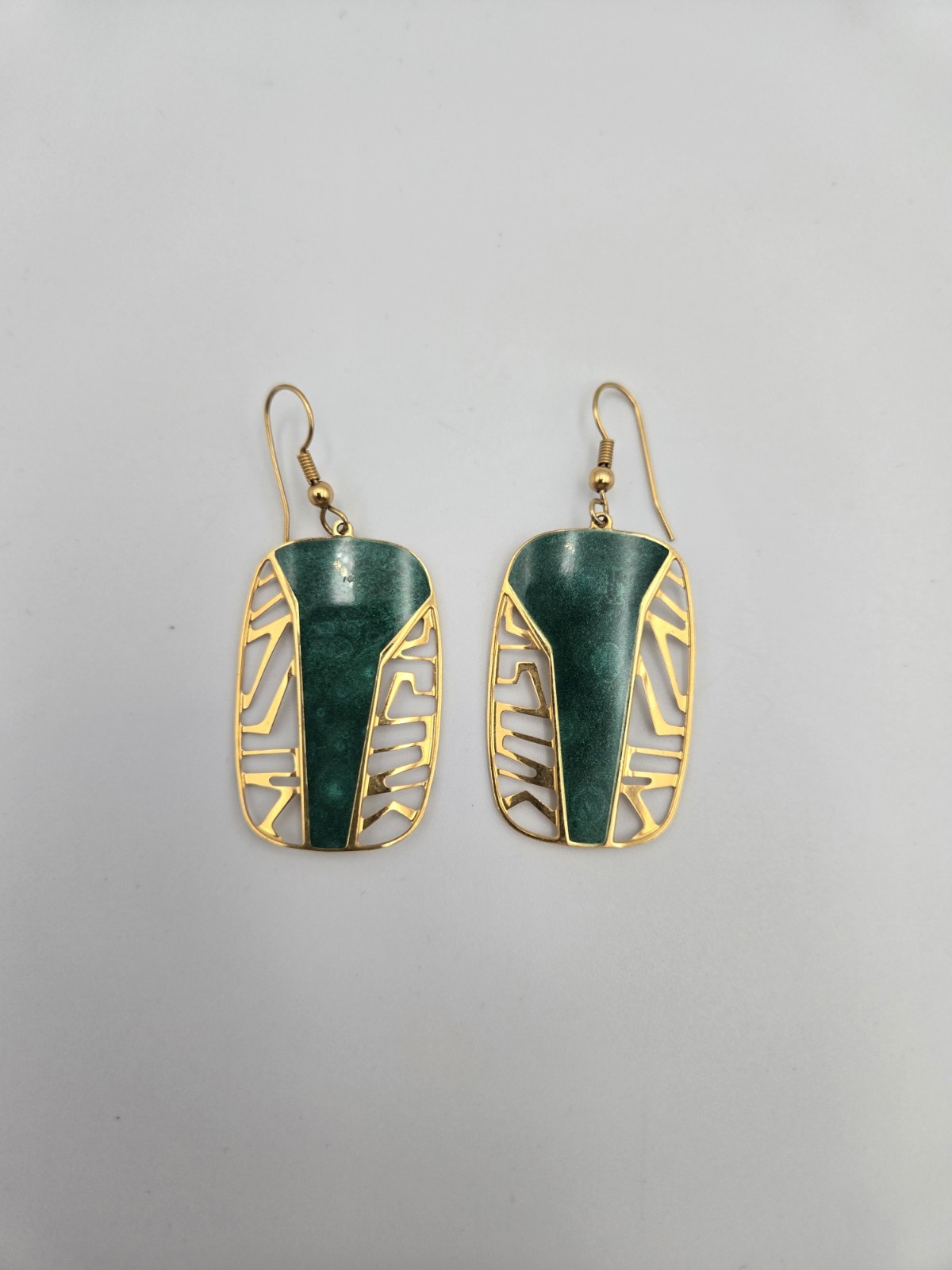 Edgar Berebi Vintage Art Deco Jade Green Enamal Dangling Gold Tone Earrings