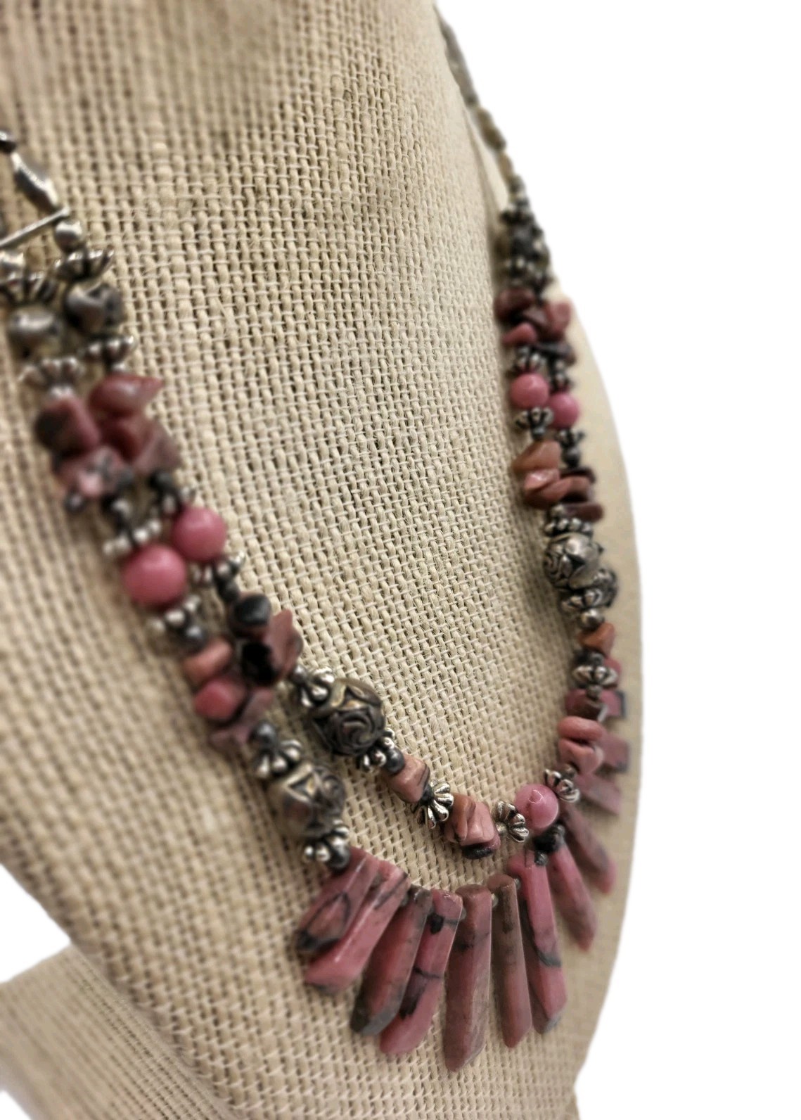 Pink Rhodonite Double Stranded Beaded Graduated Spike Goldtone Boho Necklace