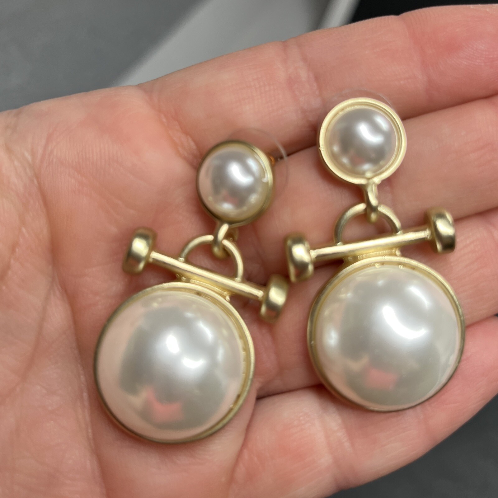 Byzantine Faux Pearl Cabochon Earrings Green Gold Tone Pierced Etruscan Revival