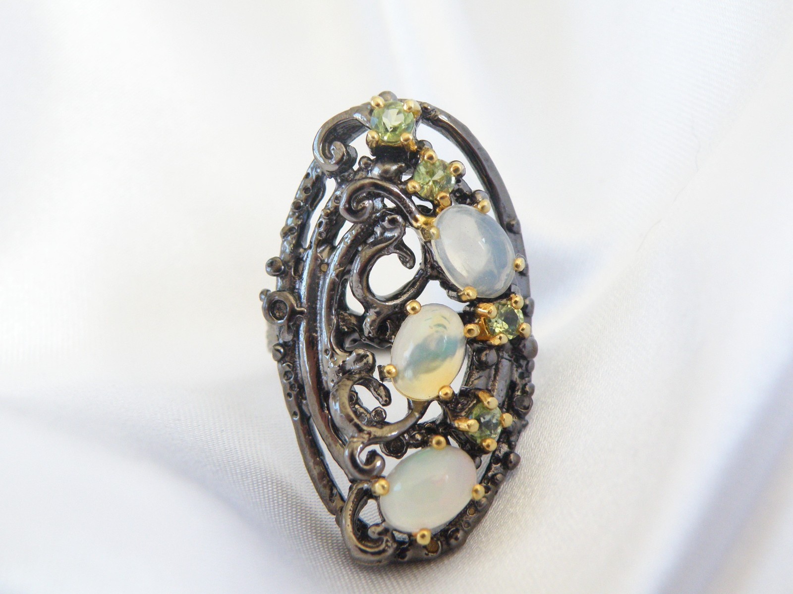 Brutalist Sterling Silver 925 Ethiopian Opal Peridot Modernist Ring Size 8