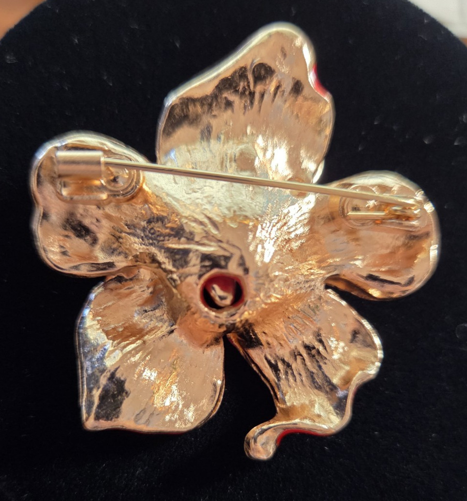 Red Hibiscus Flower Brooch Rhinestone Gold Tone Tropical Cuba Pink Gift Pouch